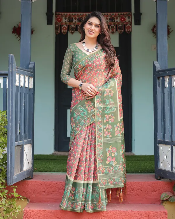 Green_and_Red_Handloom_Cotton-Linen_Saree_with_Elephant_Motifs_and_Floral_Detailing
