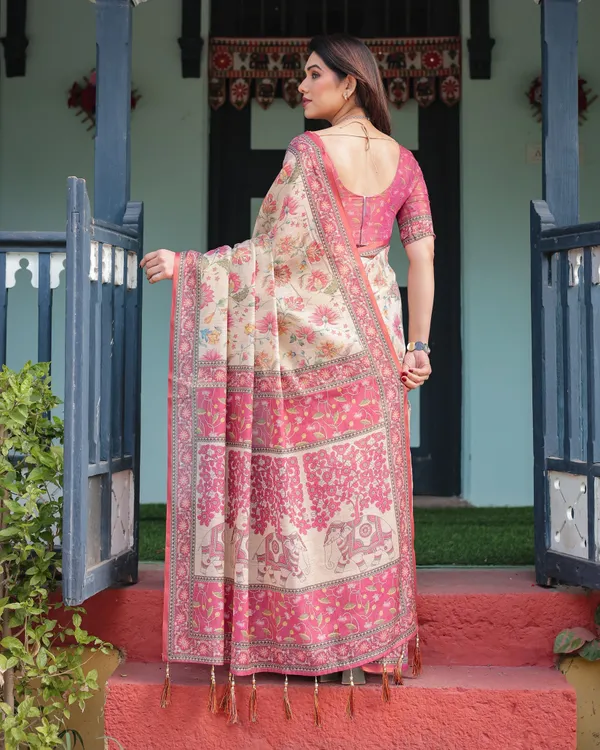 Cream_and_Pink_Handloom_Cotton-Linen_Saree_with_Vibrant_Floral_and_Elephant_Motifs