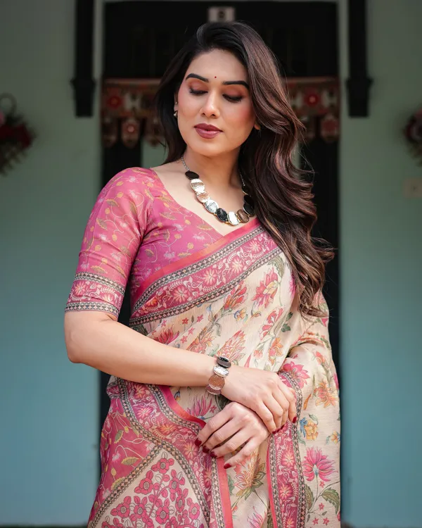 Cream_and_Pink_Handloom_Cotton-Linen_Saree_with_Vibrant_Floral_and_Elephant_Motifs