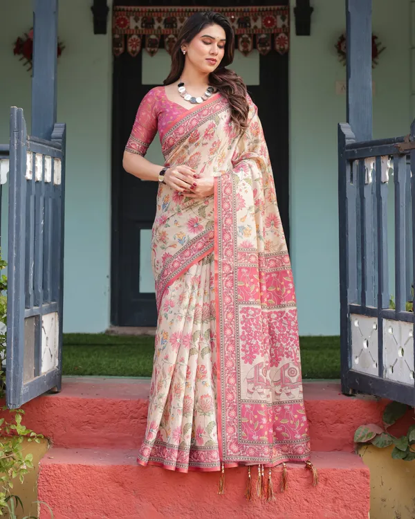 Cream_and_Pink_Handloom_Cotton-Linen_Saree_with_Vibrant_Floral_and_Elephant_Motifs