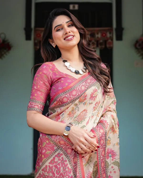Cream_and_Pink_Handloom_Cotton-Linen_Saree_with_Vibrant_Floral_and_Elephant_Motifs