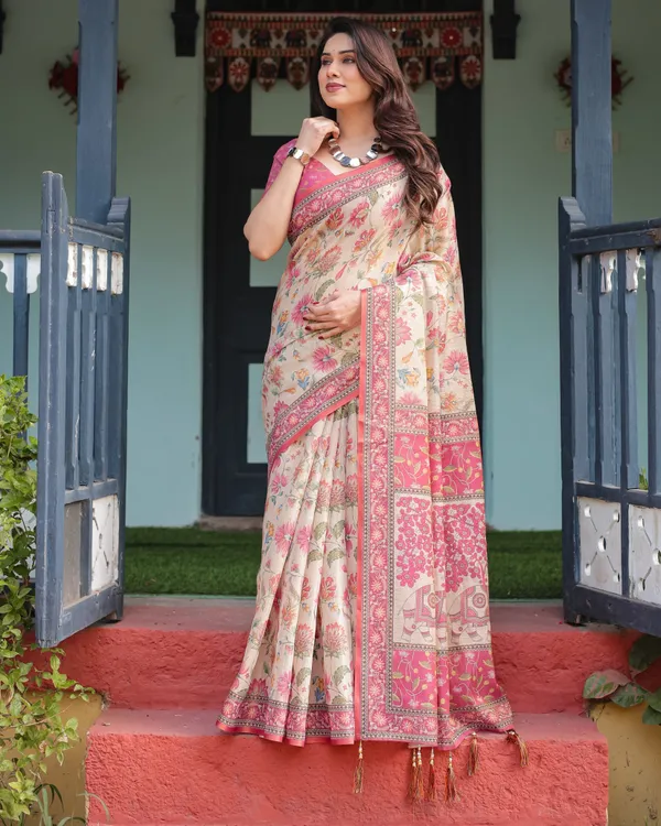 Cream_and_Pink_Handloom_Cotton-Linen_Saree_with_Vibrant_Floral_and_Elephant_Motifs