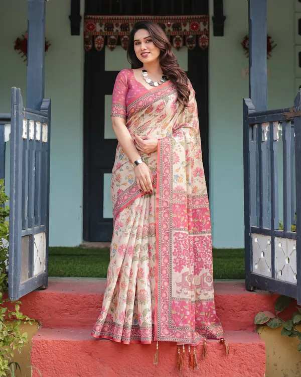 Cream_and_Pink_Handloom_Cotton-Linen_Saree_with_Vibrant_Floral_and_Elephant_Motifs