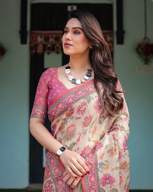 Cream_and_Pink_Handloom_Cotton-Linen_Saree_with_Vibrant_Floral_and_Elephant_Motifs