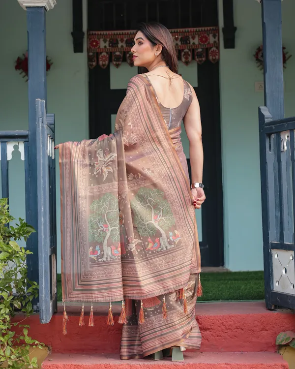 Earthy_Brown_Handloom_Cotton-Linen_Saree_with_Bird_Motifs_and_Striped_Detailing