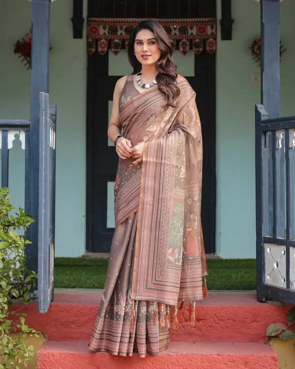 Earthy_Brown_Handloom_Cotton-Linen_Saree_with_Bird_Motifs_and_Striped_Detailing