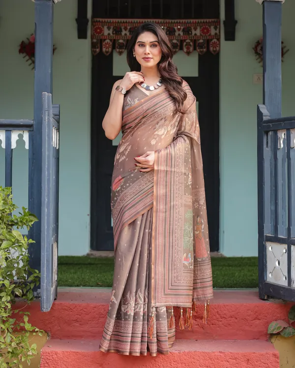 Earthy_Brown_Handloom_Cotton-Linen_Saree_with_Bird_Motifs_and_Striped_Detailing