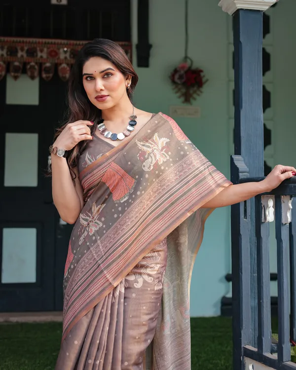 Earthy_Brown_Handloom_Cotton-Linen_Saree_with_Bird_Motifs_and_Striped_Detailing