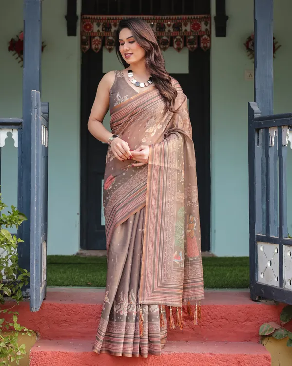 Earthy_Brown_Handloom_Cotton-Linen_Saree_with_Bird_Motifs_and_Striped_Detailing