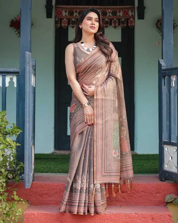 Earthy_Brown_Handloom_Cotton-Linen_Saree_with_Bird_Motifs_and_Striped_Detailing
