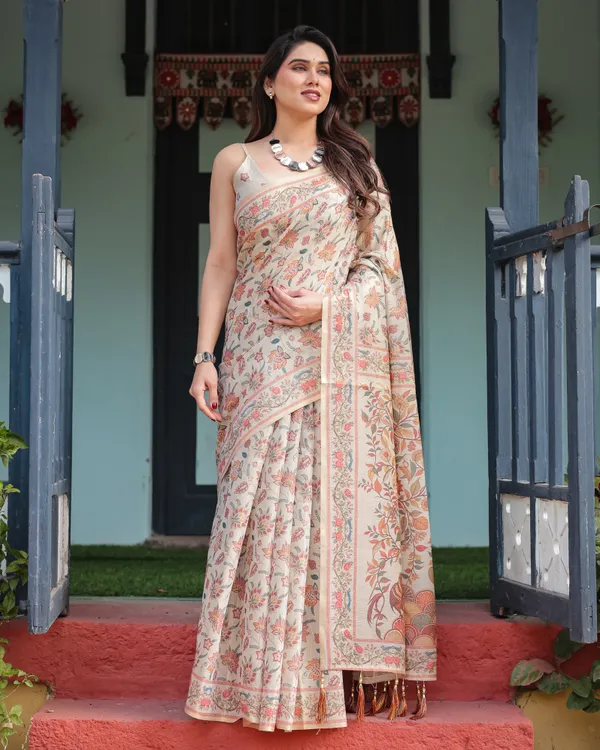 Elegant_Beige_Handloom_Cotton-Linen_Saree_with_Golden_Zari_Weave,_Floral_Printed_Pallu_&_Tassel_Detailing