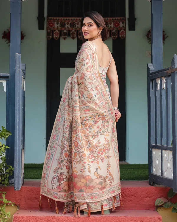 Elegant_Beige_Handloom_Cotton-Linen_Saree_with_Golden_Zari_Weave,_Floral_Printed_Pallu_&_Tassel_Detailing