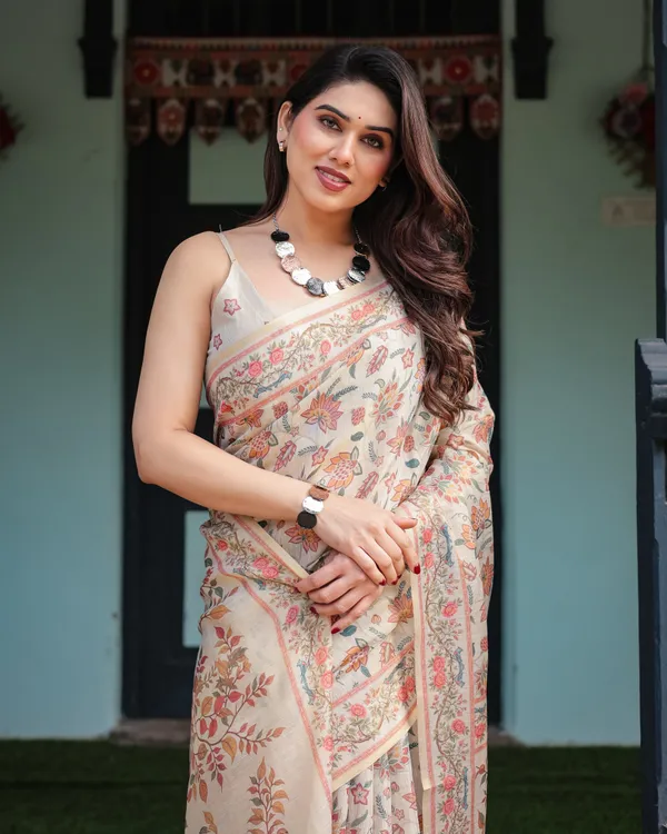 Elegant_Beige_Handloom_Cotton-Linen_Saree_with_Golden_Zari_Weave,_Floral_Printed_Pallu_&_Tassel_Detailing
