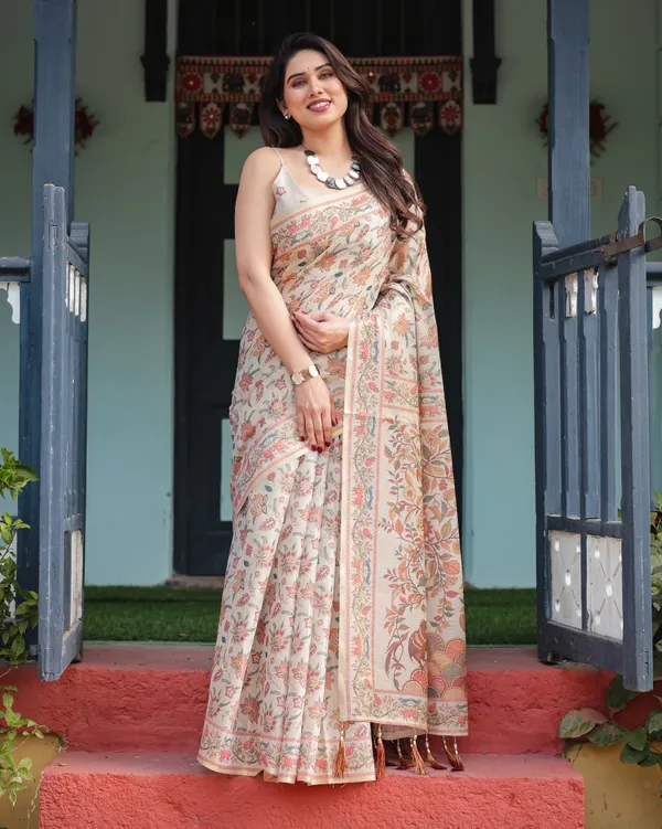 Elegant_Beige_Handloom_Cotton-Linen_Saree_with_Golden_Zari_Weave,_Floral_Printed_Pallu_&_Tassel_Detailing
