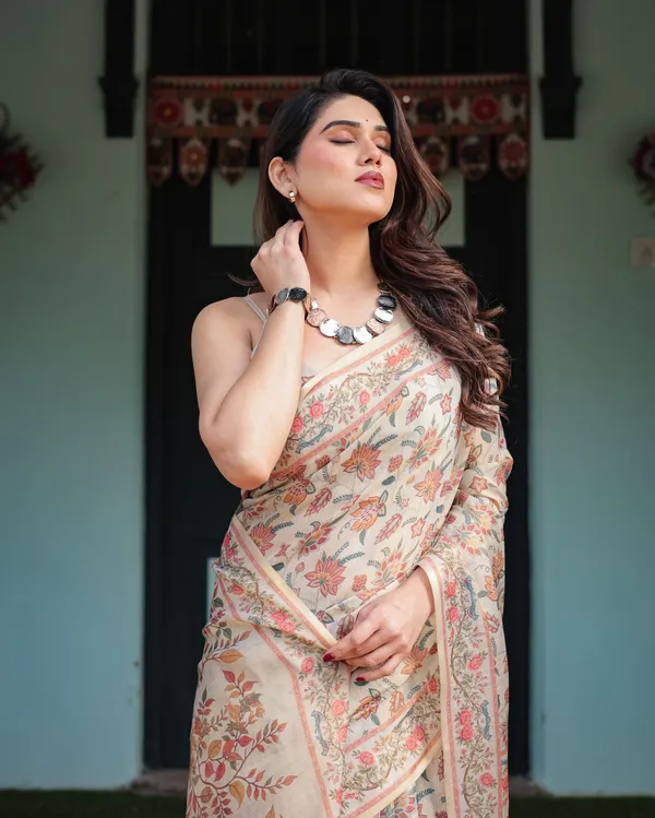 Elegant_Beige_Handloom_Cotton-Linen_Saree_with_Golden_Zari_Weave,_Floral_Printed_Pallu_&_Tassel_Detailing