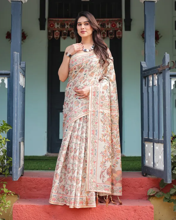 Elegant_Beige_Handloom_Cotton-Linen_Saree_with_Golden_Zari_Weave,_Floral_Printed_Pallu_&_Tassel_Detailing