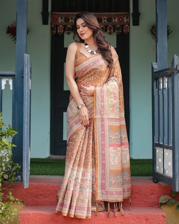 Warm_Gold_Pure_Linen_Cotton_Handloom_Printed_Saree_with_Floral_and_Figurative_Patterns,_Golden_Zari_Weave,_Tassels,_and_Slub_Texture