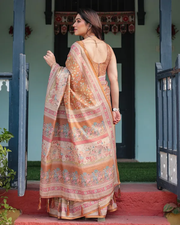 Warm_Gold_Pure_Linen_Cotton_Handloom_Printed_Saree_with_Floral_and_Figurative_Patterns,_Golden_Zari_Weave,_Tassels,_and_Slub_Texture