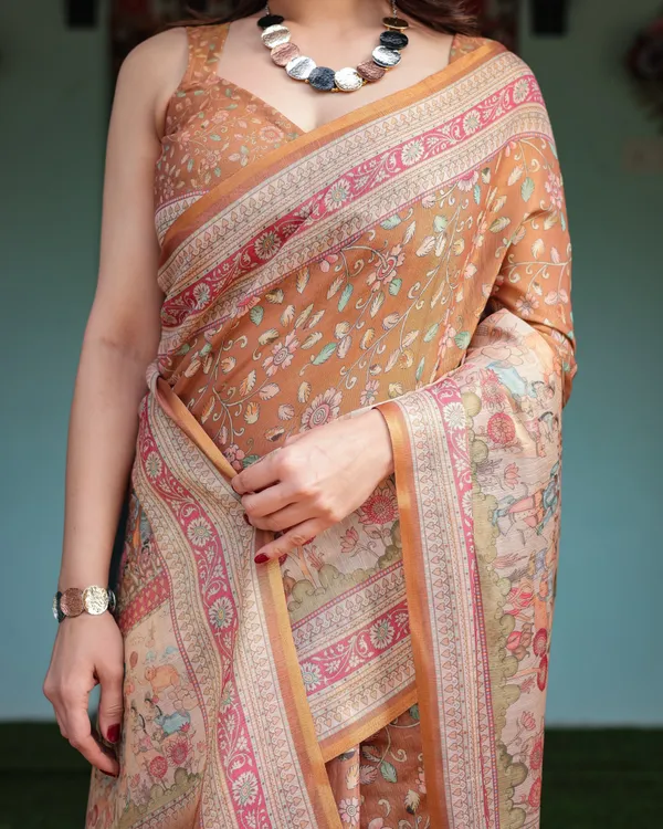 Warm_Gold_Pure_Linen_Cotton_Handloom_Printed_Saree_with_Floral_and_Figurative_Patterns,_Golden_Zari_Weave,_Tassels,_and_Slub_Texture