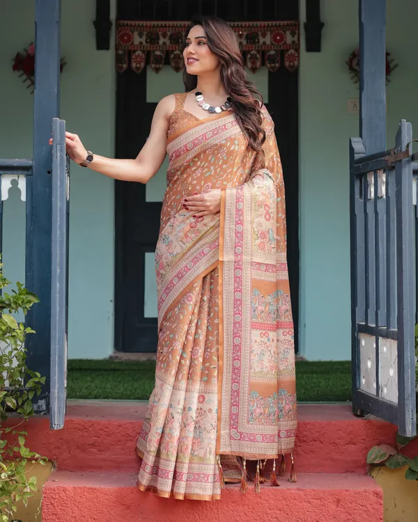 Warm_Gold_Pure_Linen_Cotton_Handloom_Printed_Saree_with_Floral_and_Figurative_Patterns,_Golden_Zari_Weave,_Tassels,_and_Slub_Texture