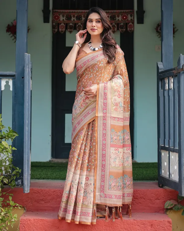 Warm_Gold_Pure_Linen_Cotton_Handloom_Printed_Saree_with_Floral_and_Figurative_Patterns,_Golden_Zari_Weave,_Tassels,_and_Slub_Texture