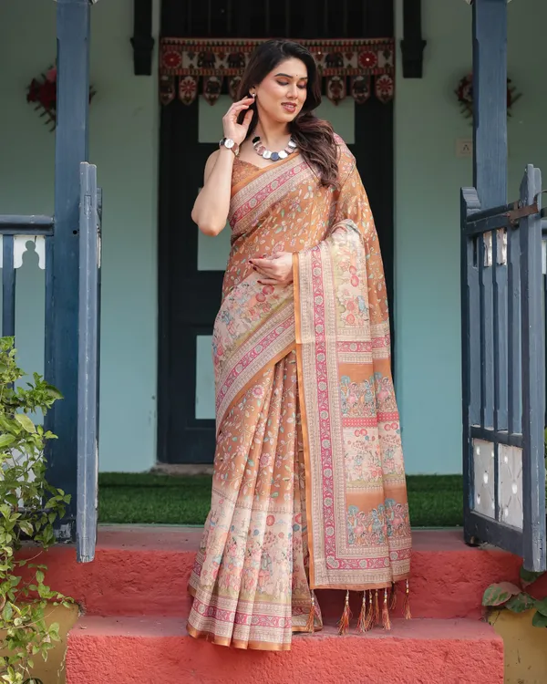 Warm_Gold_Pure_Linen_Cotton_Handloom_Printed_Saree_with_Floral_and_Figurative_Patterns,_Golden_Zari_Weave,_Tassels,_and_Slub_Texture
