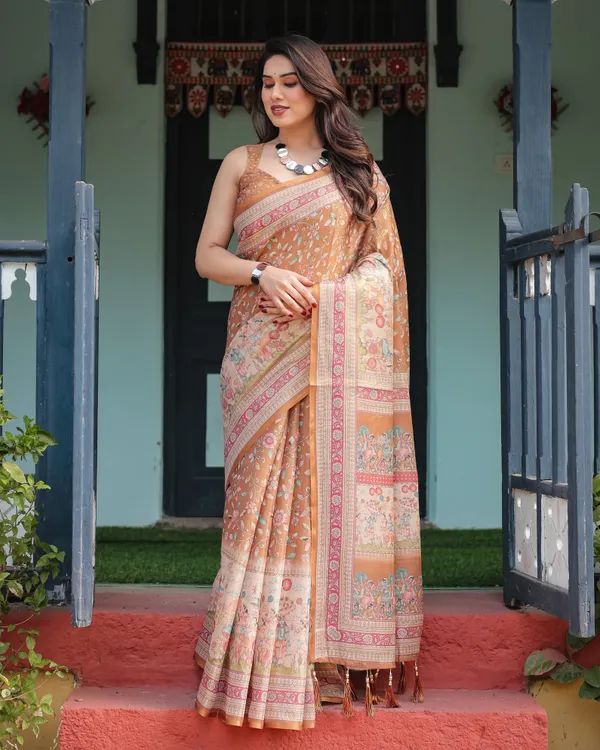 Warm_Gold_Pure_Linen_Cotton_Handloom_Printed_Saree_with_Floral_and_Figurative_Patterns,_Golden_Zari_Weave,_Tassels,_and_Slub_Texture