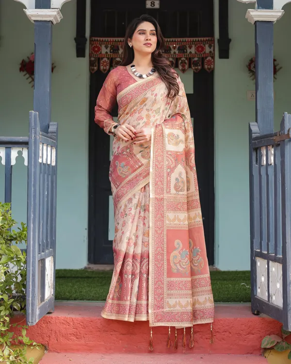 Cream_with_Coral_Borders_Linen_Cotton_Handloom_Printed_Saree,_Peacock_Motifs,_Floral_Design,_and_Tassels