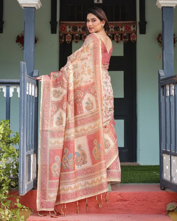 Cream_with_Coral_Borders_Linen_Cotton_Handloom_Printed_Saree,_Peacock_Motifs,_Floral_Design,_and_Tassels