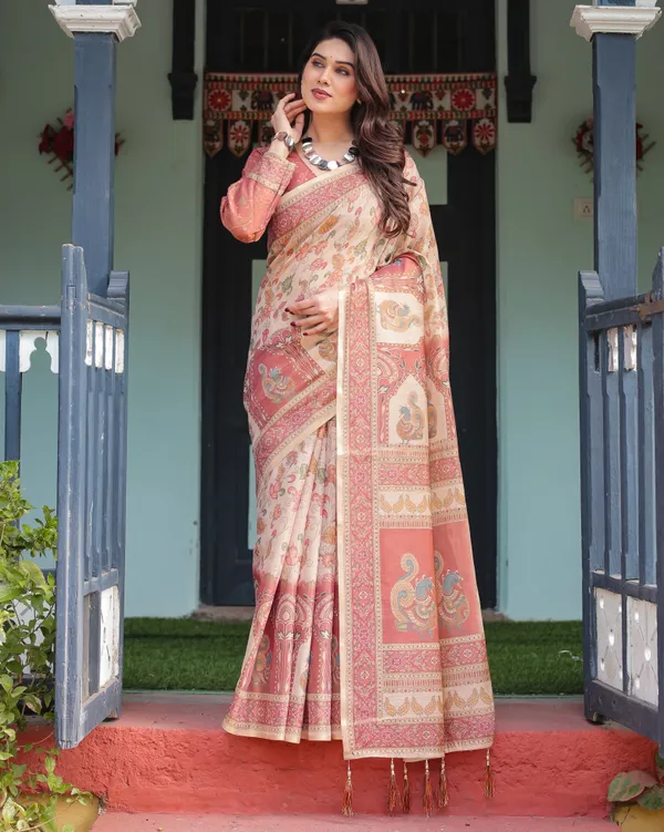 Cream_with_Coral_Borders_Linen_Cotton_Handloom_Printed_Saree,_Peacock_Motifs,_Floral_Design,_and_Tassels