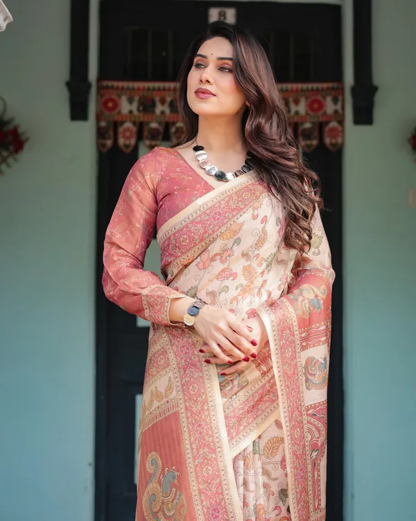Cream_with_Coral_Borders_Linen_Cotton_Handloom_Printed_Saree,_Peacock_Motifs,_Floral_Design,_and_Tassels