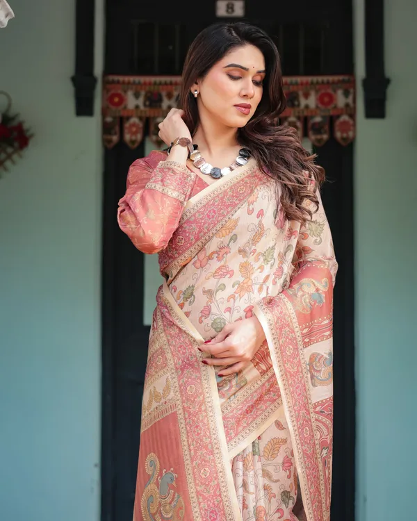 Cream_with_Coral_Borders_Linen_Cotton_Handloom_Printed_Saree,_Peacock_Motifs,_Floral_Design,_and_Tassels