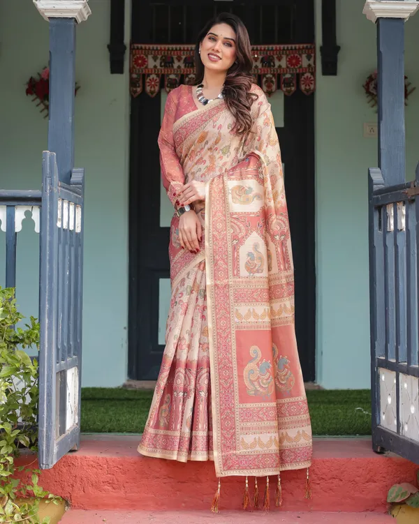 Cream_with_Coral_Borders_Linen_Cotton_Handloom_Printed_Saree,_Peacock_Motifs,_Floral_Design,_and_Tassels