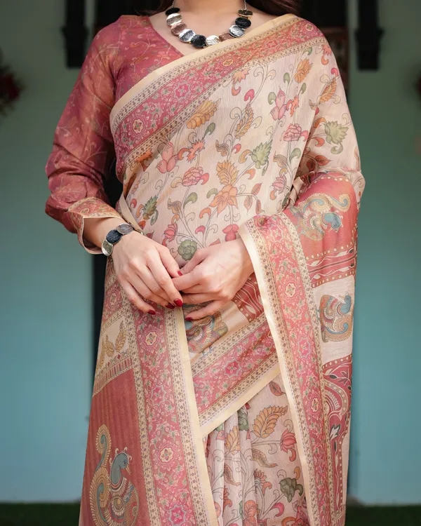 Cream_with_Coral_Borders_Linen_Cotton_Handloom_Printed_Saree,_Peacock_Motifs,_Floral_Design,_and_Tassels
