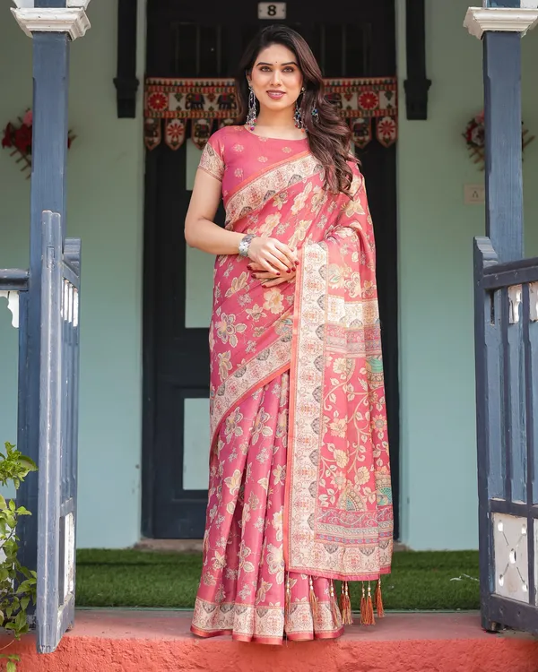 Rosy_Pink_with_Intricate_Floral_Motifs_Linen_Cotton_Handloom_Printed_Saree,_Peacock_Pallu,_and_Tassels