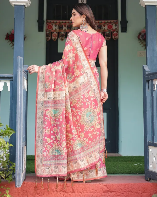 Rosy_Pink_with_Intricate_Floral_Motifs_Linen_Cotton_Handloom_Printed_Saree,_Peacock_Pallu,_and_Tassels