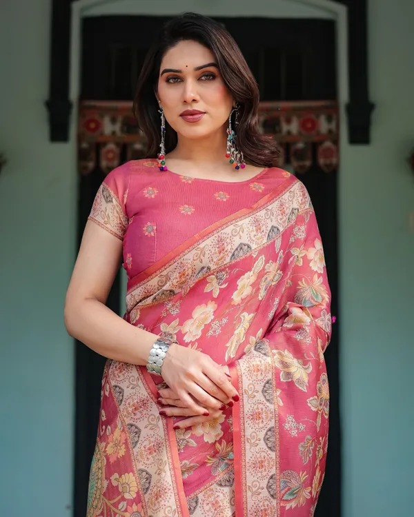 Rosy_Pink_with_Intricate_Floral_Motifs_Linen_Cotton_Handloom_Printed_Saree,_Peacock_Pallu,_and_Tassels