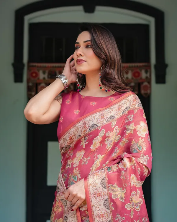 Rosy_Pink_with_Intricate_Floral_Motifs_Linen_Cotton_Handloom_Printed_Saree,_Peacock_Pallu,_and_Tassels
