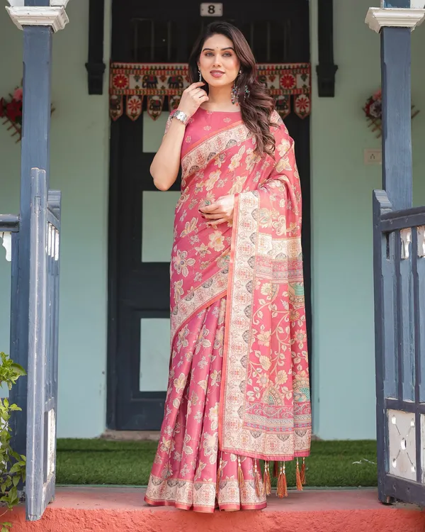 Rosy_Pink_with_Intricate_Floral_Motifs_Linen_Cotton_Handloom_Printed_Saree,_Peacock_Pallu,_and_Tassels