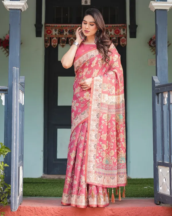 Rosy_Pink_with_Intricate_Floral_Motifs_Linen_Cotton_Handloom_Printed_Saree,_Peacock_Pallu,_and_Tassels