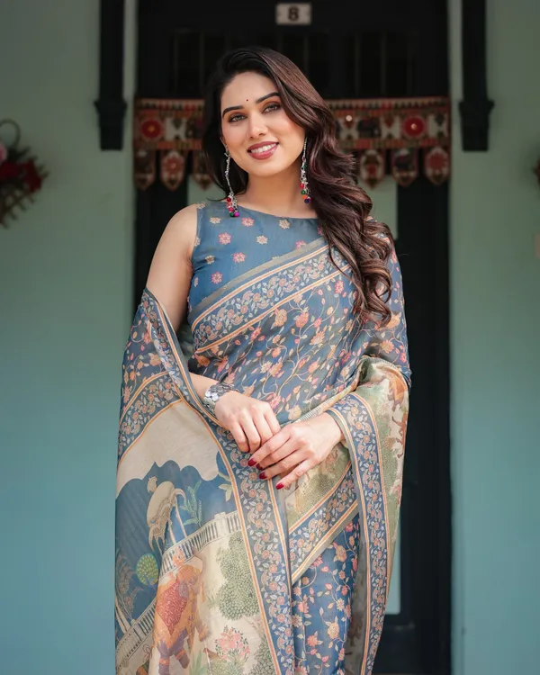 Steel_Blue_with_Floral_Patterns_Linen_Cotton_Handloom_Printed_Saree,_Heritage-Inspired_Pallu,_and_Tassels