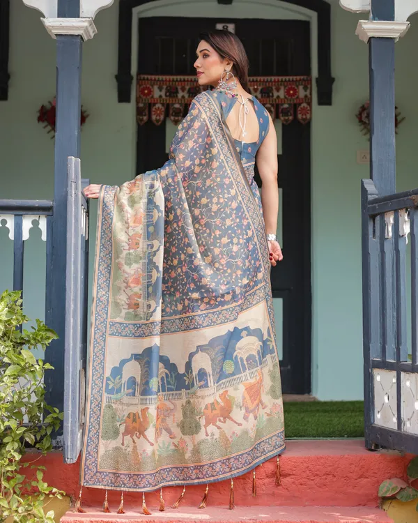 Steel_Blue_with_Floral_Patterns_Linen_Cotton_Handloom_Printed_Saree,_Heritage-Inspired_Pallu,_and_Tassels