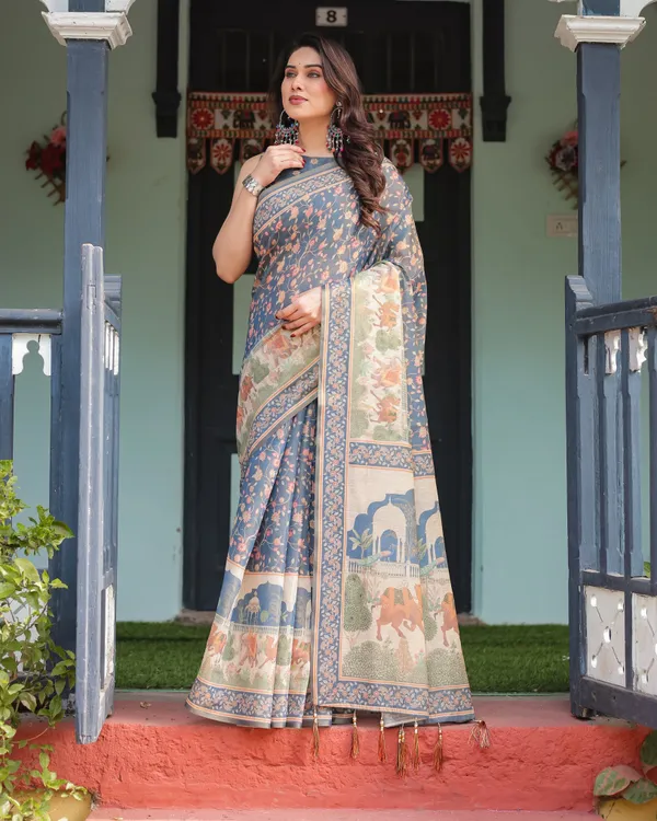 Steel_Blue_with_Floral_Patterns_Linen_Cotton_Handloom_Printed_Saree,_Heritage-Inspired_Pallu,_and_Tassels