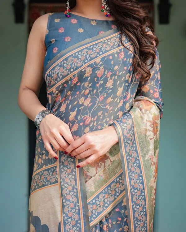 Steel_Blue_with_Floral_Patterns_Linen_Cotton_Handloom_Printed_Saree,_Heritage-Inspired_Pallu,_and_Tassels