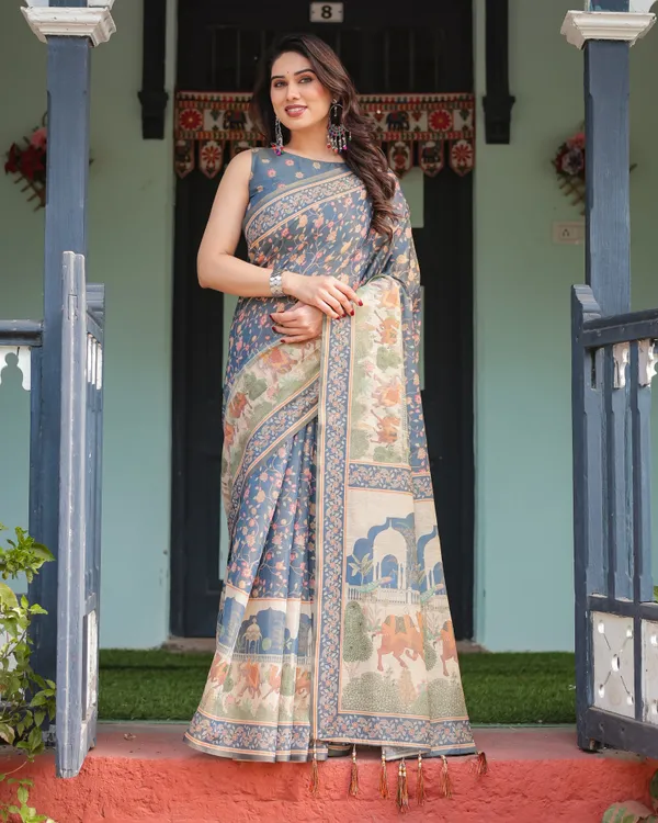 Steel_Blue_with_Floral_Patterns_Linen_Cotton_Handloom_Printed_Saree,_Heritage-Inspired_Pallu,_and_Tassels