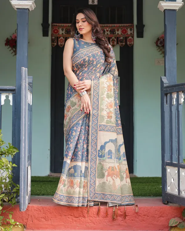 Steel_Blue_with_Floral_Patterns_Linen_Cotton_Handloom_Printed_Saree,_Heritage-Inspired_Pallu,_and_Tassels
