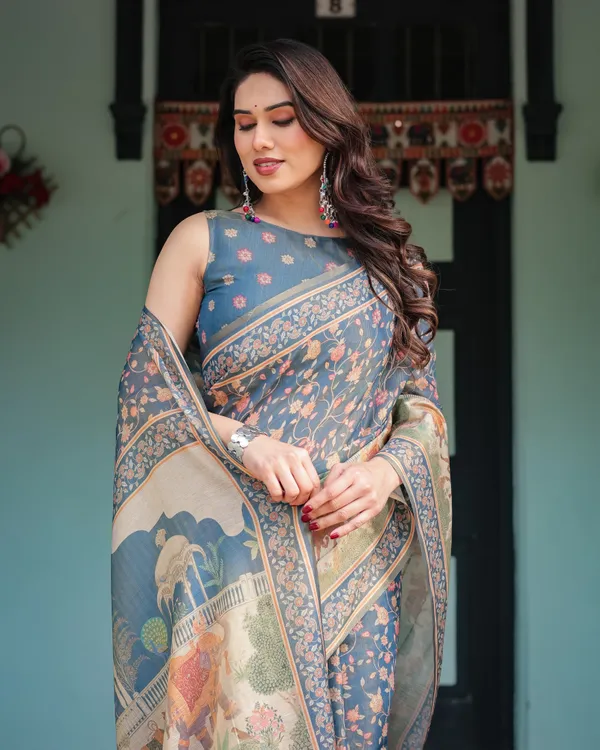 Steel_Blue_with_Floral_Patterns_Linen_Cotton_Handloom_Printed_Saree,_Heritage-Inspired_Pallu,_and_Tassels