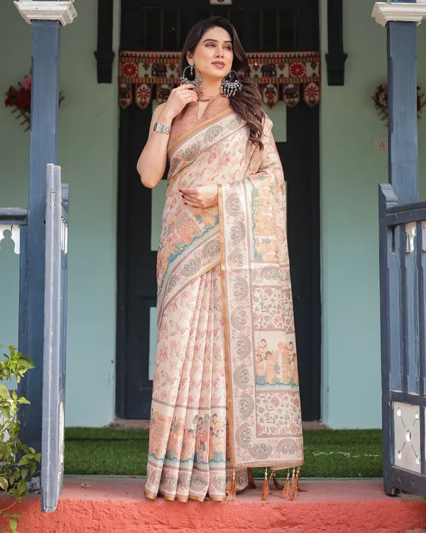 Ivory_with_Floral_Prints_Linen_Cotton_Handloom_Printed_Saree,_Festive_Procession_Pallu,_and_Tassels