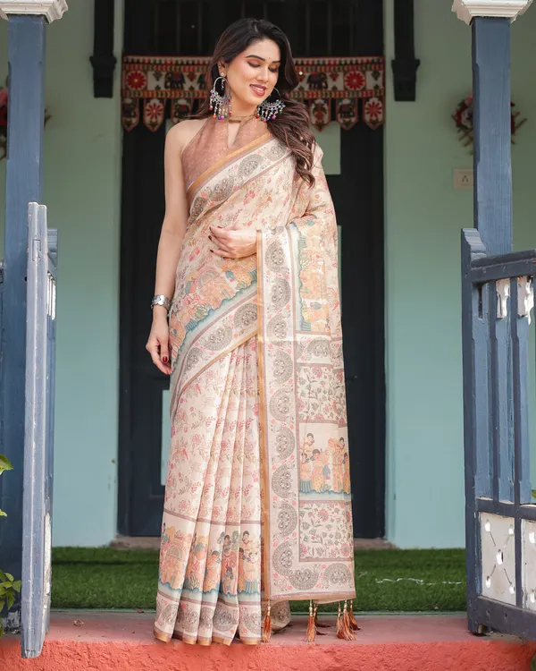 Ivory_with_Floral_Prints_Linen_Cotton_Handloom_Printed_Saree,_Festive_Procession_Pallu,_and_Tassels