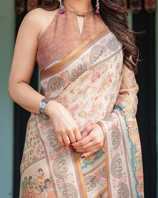 Ivory_with_Floral_Prints_Linen_Cotton_Handloom_Printed_Saree,_Festive_Procession_Pallu,_and_Tassels